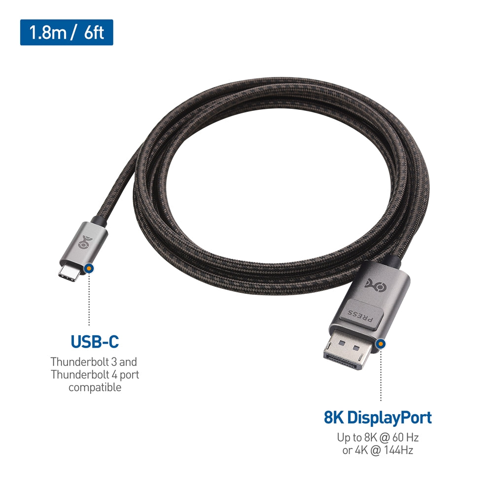 CABLE MATTERS USB-C Thunderbolt a DisplayPort 1.4, 1.8 m - 8k a 60 Hz, 4K 120 Hz, Apple y Windows Certified